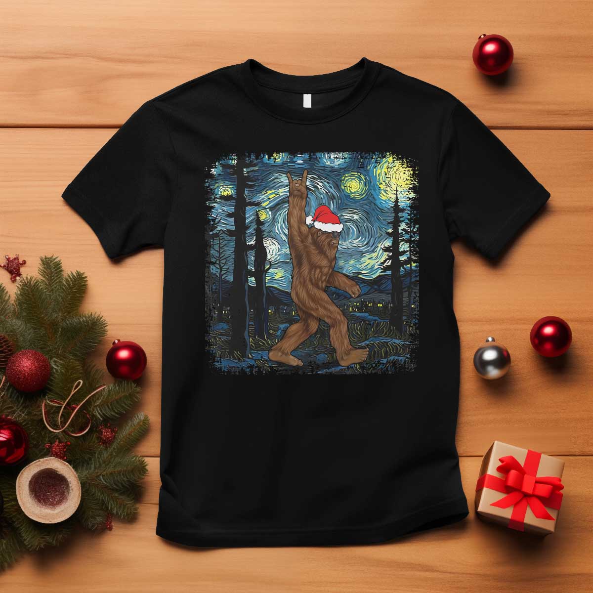 Bigfoot Christmas T Shirt Santa Hat Starry Night Sasquatch Van Gogh TS10 Black Print Your Wear