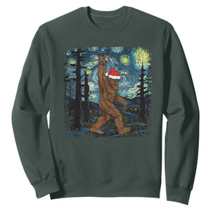 Christmas Bigfoot Starry Night Sweatshirt Sasquatch Santa Hat Sasquatch Van Gogh Sky Painting Art TS10 Dark Forest Green Print Your Wear