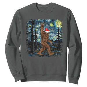 Christmas Bigfoot Starry Night Sweatshirt Sasquatch Santa Hat Sasquatch Van Gogh Sky Painting Art TS10 Dark Heather Print Your Wear