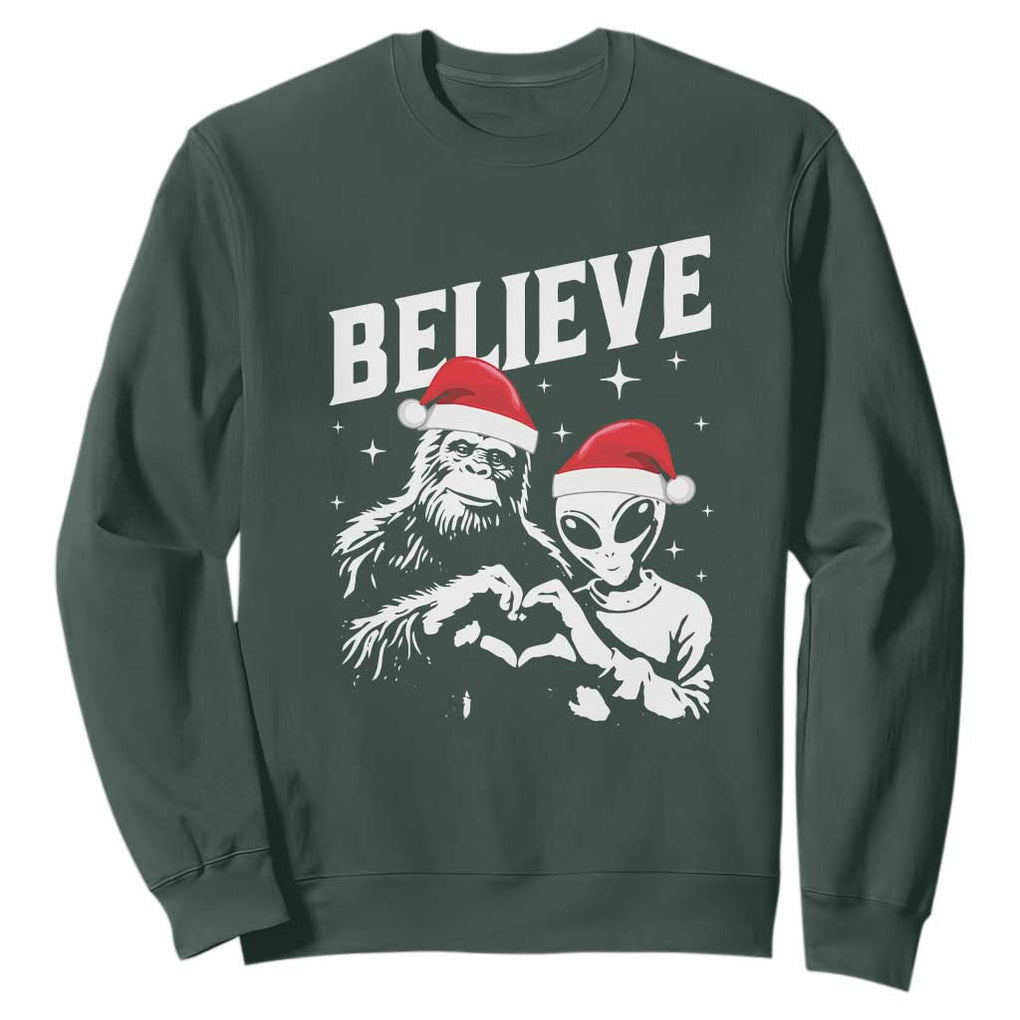 Alien And Bigfoot Christmas Sweatshirt TS10 Dark Forest Green Print Your Wear