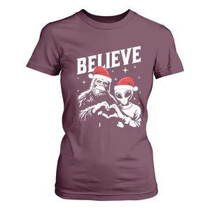 Alien And Bigfoot Christmas T Shirt For Women TS10 Maroon Print Your Wear