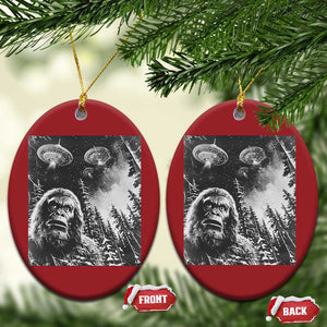 Funny Graphic Bigfoot Selfie with UFOs Weird Christmas Ornament TS10 Oval Red Print Your Wear