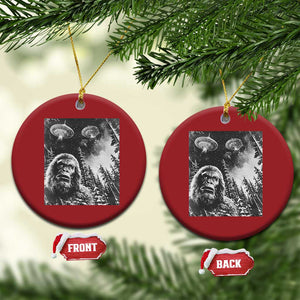 Funny Graphic Bigfoot Selfie with UFOs Weird Christmas Ornament TS10 Circle Red Print Your Wear