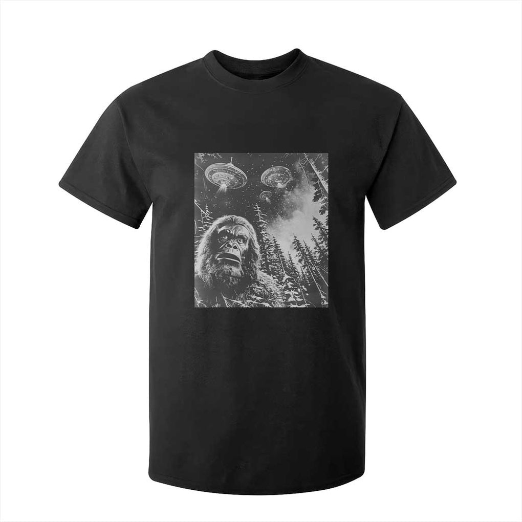 Funny Graphic Bigfoot Selfie with UFOs Weird T Shirt For Kid TS10 Black Print Your Wear