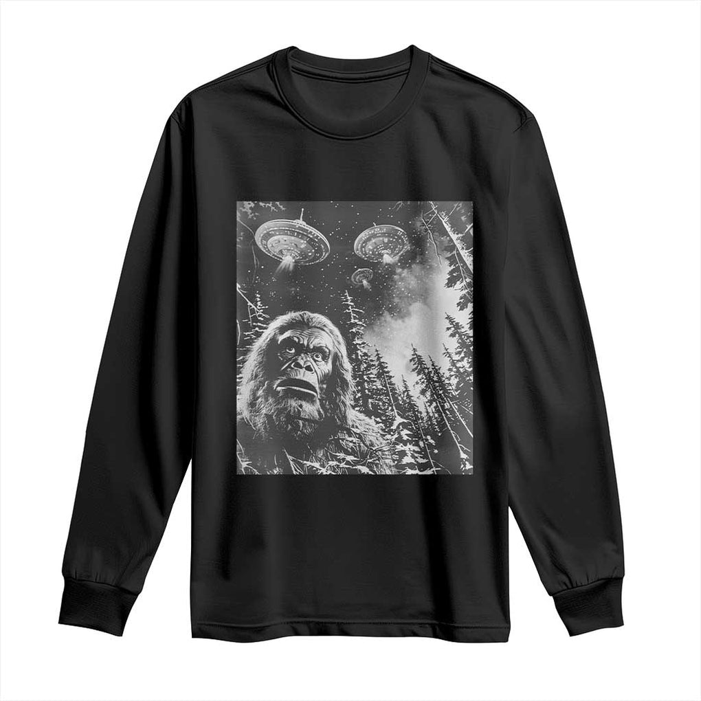 Funny Graphic Bigfoot Selfie with UFOs Weird Long Sleeve Shirt TS10 Black Print Your Wear