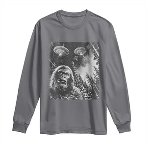 Funny Graphic Bigfoot Selfie with UFOs Weird Long Sleeve Shirt TS10 Charcoal Print Your Wear