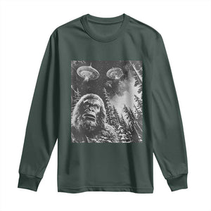 Funny Graphic Bigfoot Selfie with UFOs Weird Long Sleeve Shirt TS10 Dark Forest Green Print Your Wear