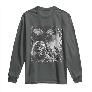 Funny Graphic Bigfoot Selfie with UFOs Weird Long Sleeve Shirt TS10 Dark Heather Print Your Wear