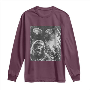 Funny Graphic Bigfoot Selfie with UFOs Weird Long Sleeve Shirt TS10 Maroon Print Your Wear