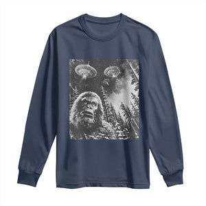 Funny Graphic Bigfoot Selfie with UFOs Weird Long Sleeve Shirt TS10 Navy Print Your Wear