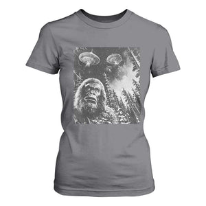 Funny Graphic Bigfoot Selfie with UFOs Weird T Shirt For Women TS10 Charcoal Print Your Wear