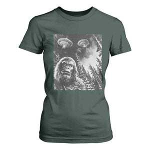 Funny Graphic Bigfoot Selfie with UFOs Weird T Shirt For Women TS10 Dark Forest Green Print Your Wear