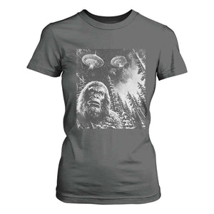 Funny Graphic Bigfoot Selfie with UFOs Weird T Shirt For Women TS10 Dark Heather Print Your Wear