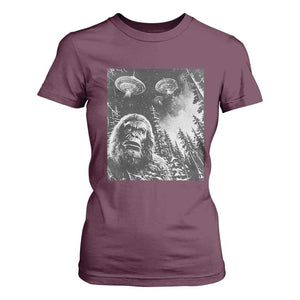 Funny Graphic Bigfoot Selfie with UFOs Weird T Shirt For Women TS10 Maroon Print Your Wear