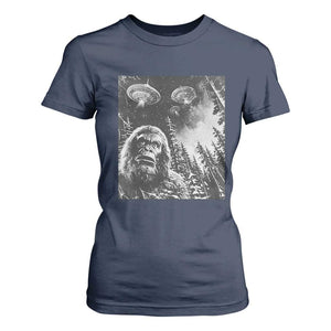 Funny Graphic Bigfoot Selfie with UFOs Weird T Shirt For Women TS10 Navy Print Your Wear