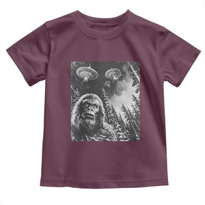 Funny Graphic Bigfoot Selfie with UFOs Weird Toddler T Shirt TS10 Maroon Print Your Wear