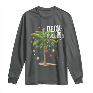 Hawaiian Christmas Long Sleeve Shirt Deck The Palms Christmas Palm Tree Beach Family Vacation TS10 Dark Heather Print Your Wear