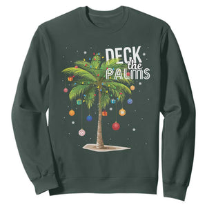 Hawaiian Christmas Sweatshirt Deck The Palms Christmas Palm Tree Beach Family Vacation TS10 Dark Forest Green Print Your Wear