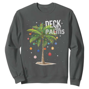 Hawaiian Christmas Sweatshirt Deck The Palms Christmas Palm Tree Beach Family Vacation TS10 Dark Heather Print Your Wear