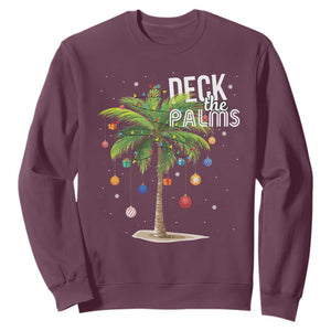 Hawaiian Christmas Sweatshirt Deck The Palms Christmas Palm Tree Beach Family Vacation TS10 Maroon Print Your Wear