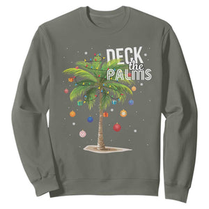 Hawaiian Christmas Sweatshirt Deck The Palms Christmas Palm Tree Beach Family Vacation TS10 Military Green Print Your Wear