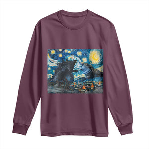 Godzilla Versus Moo Deng Long Sleeve Shirt Vintage Van Gogh Starry Night TS10 Maroon Print Your Wear