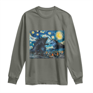 Godzilla Versus Moo Deng Long Sleeve Shirt Vintage Van Gogh Starry Night TS10 Military Green Print Your Wear