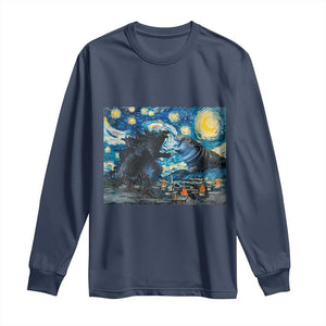 Godzilla Versus Moo Deng Long Sleeve Shirt Vintage Van Gogh Starry Night TS10 Navy Print Your Wear