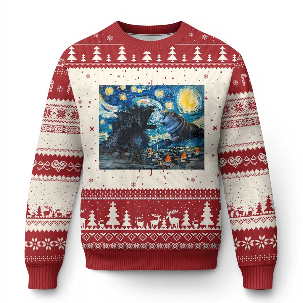 Godzilla Versus Moo Deng Ugly Christmas Sweater Vintage Van Gogh Starry Night TS10 Red Print Your Wear