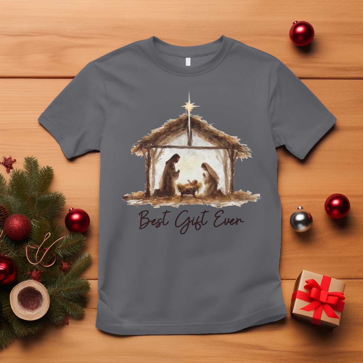 Nativity Scene T Shirt Christian Christmas Jesus Best Gift Ever TS10 Charcoal Print Your Wear