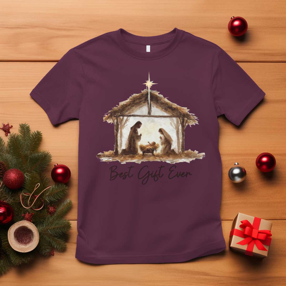 Nativity Scene T Shirt Christian Christmas Jesus Best Gift Ever TS10 Maroon Print Your Wear
