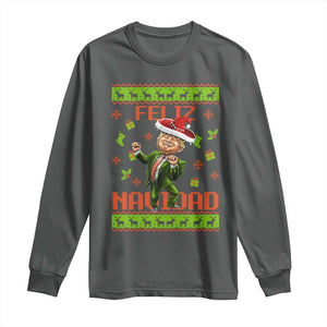 Funny Christmas Trump Long Sleeve Shirt Feliz Navidad Ugly Christmas Sweater Dancing Trump TS10 Dark Heather Print Your Wear