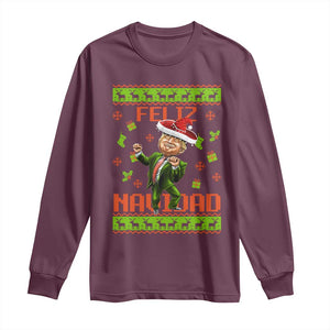 Funny Christmas Trump Long Sleeve Shirt Feliz Navidad Ugly Christmas Sweater Dancing Trump TS10 Maroon Print Your Wear