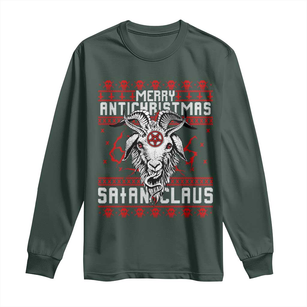 Satan Claus Merry Antichristmas Long Sleeve Shirt Goth Ugly Christmas Sweater Pentagram Evil Pajama TS10 Dark Forest Green Print Your Wear