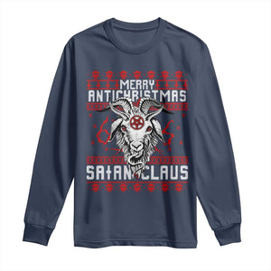 Satan Claus Merry Antichristmas Long Sleeve Shirt Goth Ugly Christmas Sweater Pentagram Evil Pajama TS10 Navy Print Your Wear