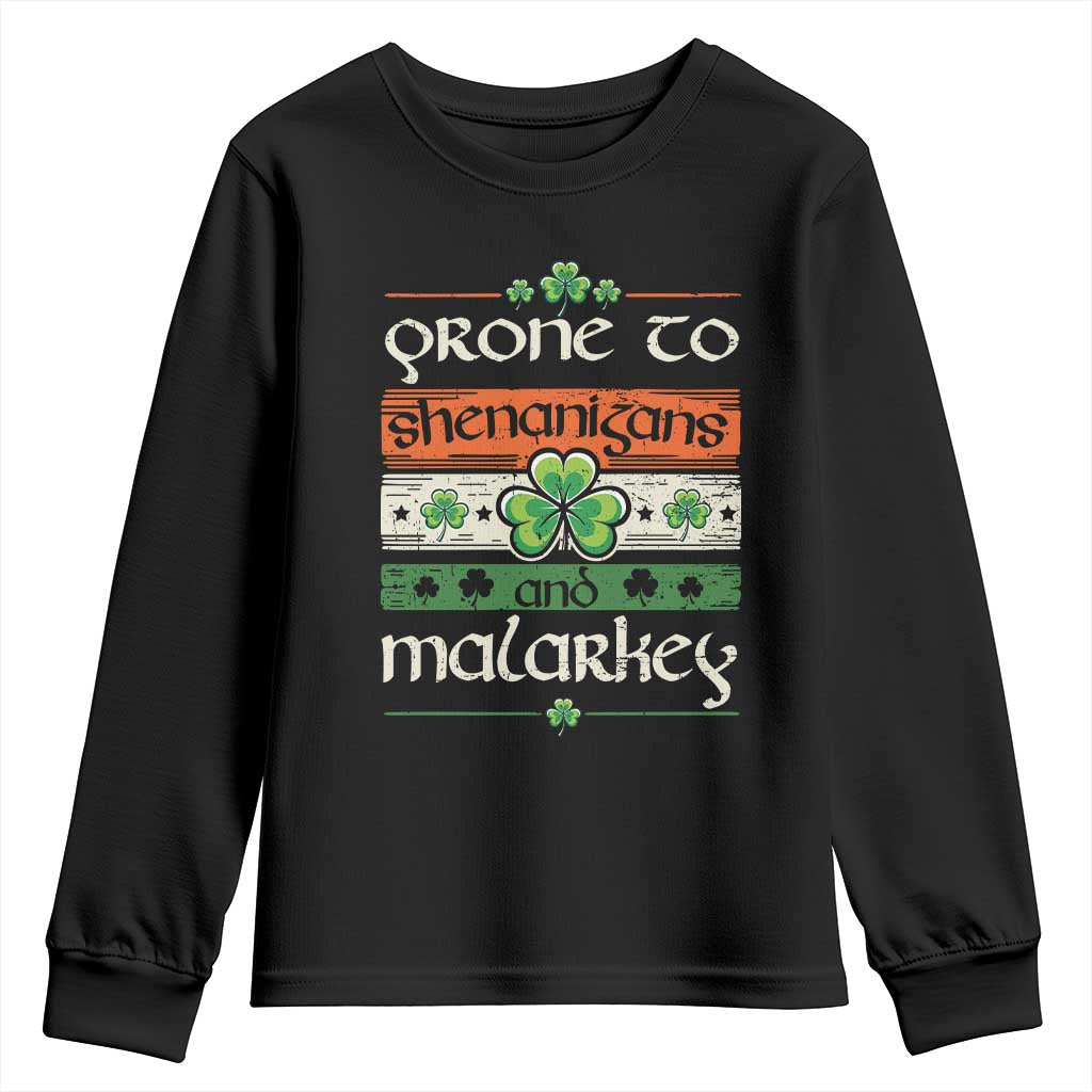 St. Patrick's Day Prone to Shenanigans and Malarkey Youth Sweatshirt Funny St Patrick's Day Lucky Shamrock Irish TS10 Black Print Your Wear