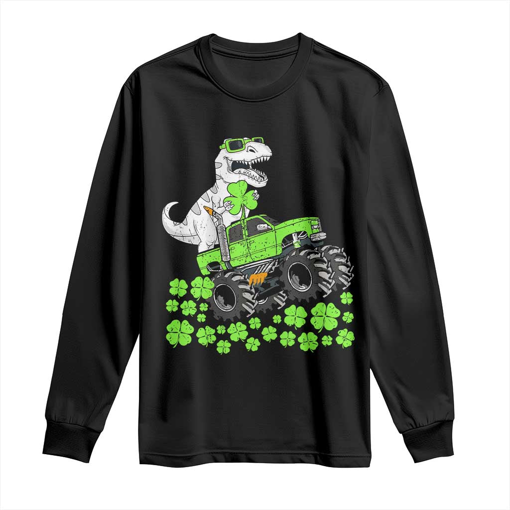 Lucky St Patricks Day Toddler Boys Long Sleeve Shirt T Rex Dino Riding Monster Truck Shamrock TS10 Black Print Your Wear