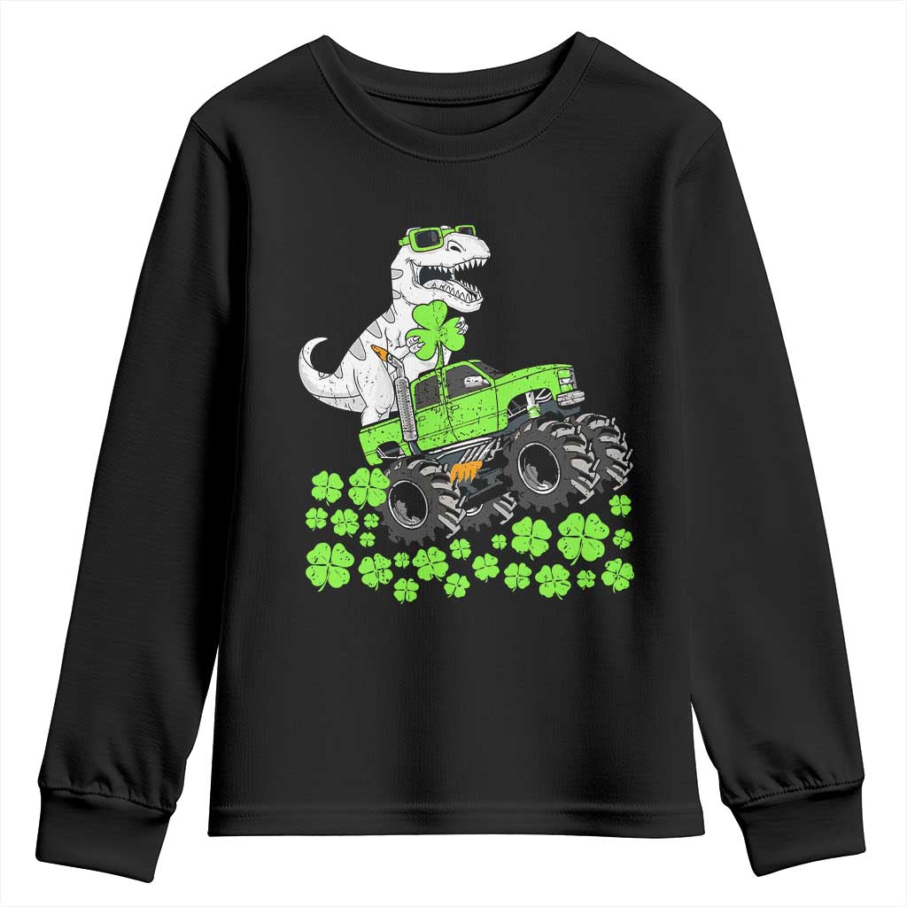 Lucky St Patricks Day Toddler Boys Youth Sweatshirt T Rex Dino Riding Monster Truck Shamrock TS10 Black Print Your Wear