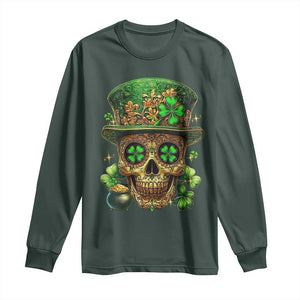 Sugar Skull St Patrick Day Long Sleeve Shirt De Los Muertos Lucky Shamrock TS10 Dark Forest Green Print Your Wear