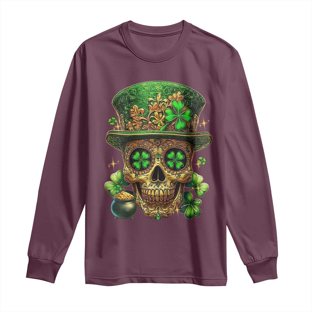 Sugar Skull St Patrick Day Long Sleeve Shirt De Los Muertos Lucky Shamrock TS10 Maroon Print Your Wear