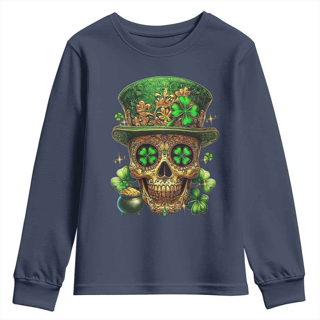 Sugar Skull St Patrick Day Youth Sweatshirt De Los Muertos Lucky Shamrock TS10 Navy Print Your Wear