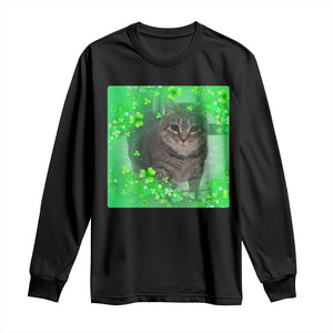 Funny Cat Meme St Patricks Day Long Sleeve Shirt Lucky Shamrock Goofy Ahh Cat TS10 Black Print Your Wear