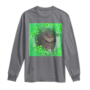 Funny Cat Meme St Patricks Day Long Sleeve Shirt Lucky Shamrock Goofy Ahh Cat TS10 Charcoal Print Your Wear