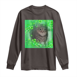 Funny Cat Meme St Patricks Day Long Sleeve Shirt Lucky Shamrock Goofy Ahh Cat TS10 Dark Chocolate Print Your Wear