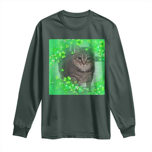 Funny Cat Meme St Patricks Day Long Sleeve Shirt Lucky Shamrock Goofy Ahh Cat TS10 Dark Forest Green Print Your Wear