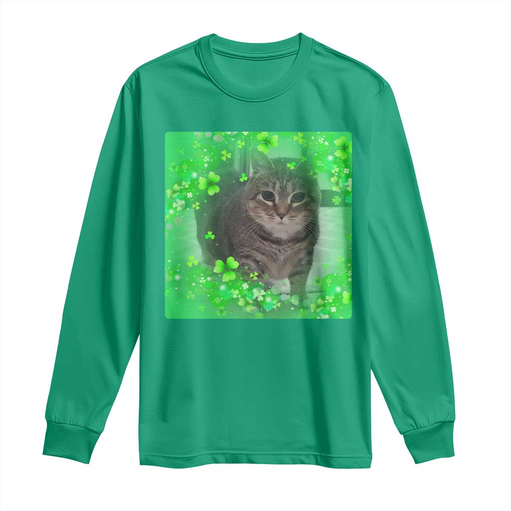 Funny Cat Meme St Patricks Day Long Sleeve Shirt Lucky Shamrock Goofy Ahh Cat TS10 Irish Green Print Your Wear