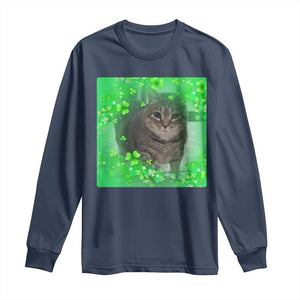 Funny Cat Meme St Patricks Day Long Sleeve Shirt Lucky Shamrock Goofy Ahh Cat TS10 Navy Print Your Wear