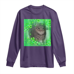 Funny Cat Meme St Patricks Day Long Sleeve Shirt Lucky Shamrock Goofy Ahh Cat TS10 Purple Print Your Wear