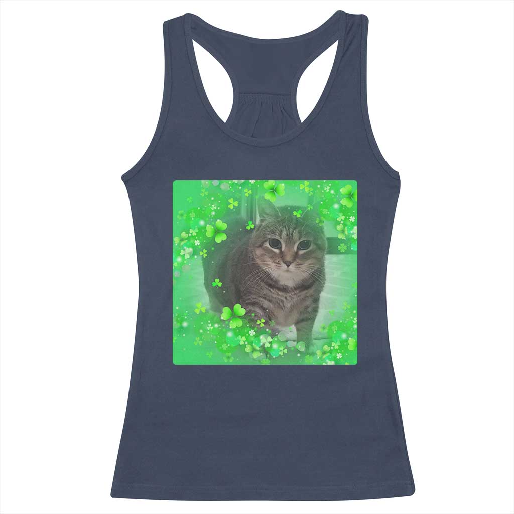Funny Cat Meme St Patricks Day Racerback Tank Top Lucky Shamrock Goofy Ahh Cat TS10 Navy Print Your Wear