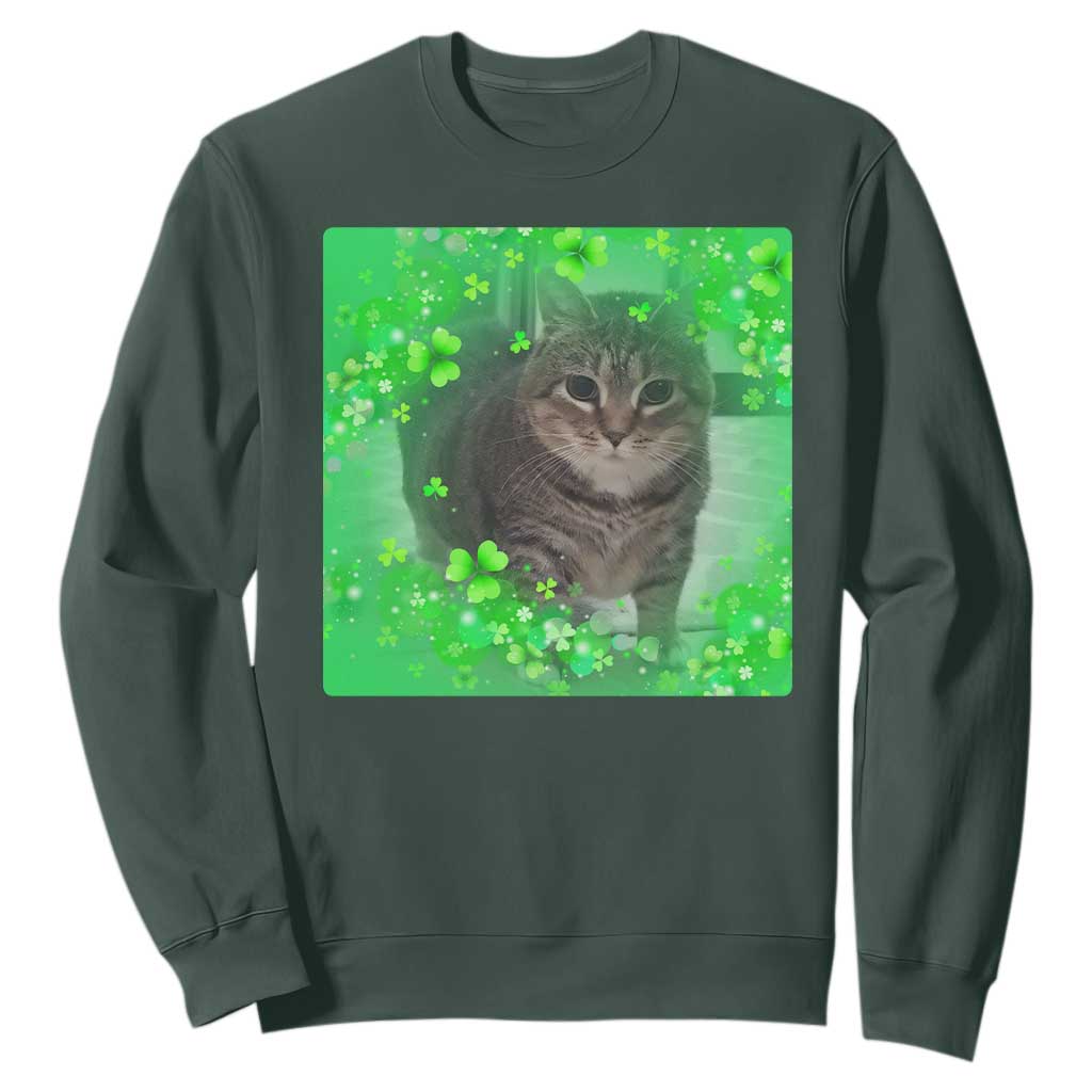 Funny Cat Meme St Patricks Day Sweatshirt Lucky Shamrock Goofy Ahh Cat TS10 Dark Forest Green Print Your Wear